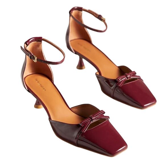 Reformation Darcy Burgundy Patent Leather Square Toe Bow Kitten Heels Size 10 - Picture 1 of 10